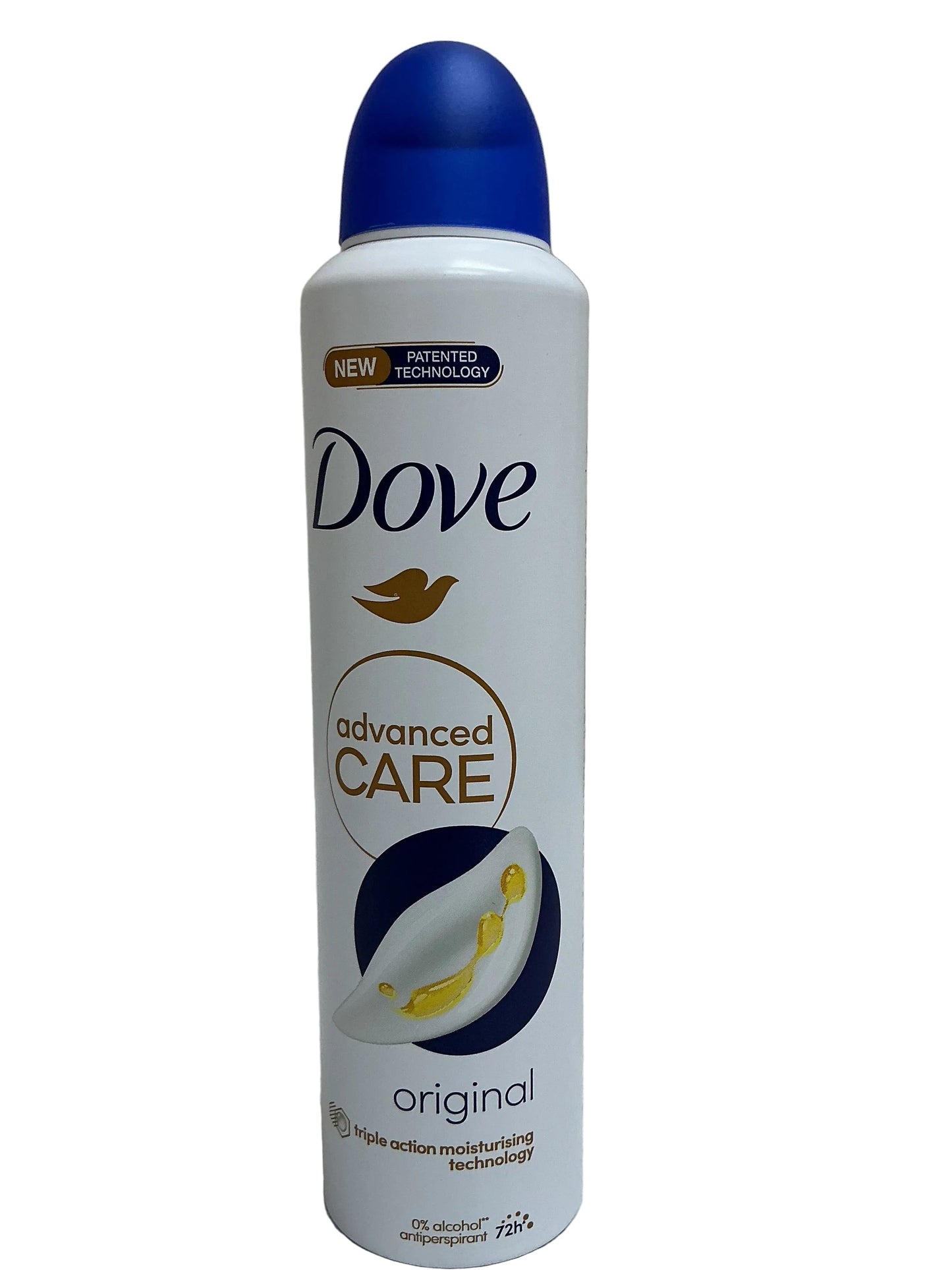 A can of Dove Advanced Care Original deodorant spray resting on a white textured surface against a light gray background.