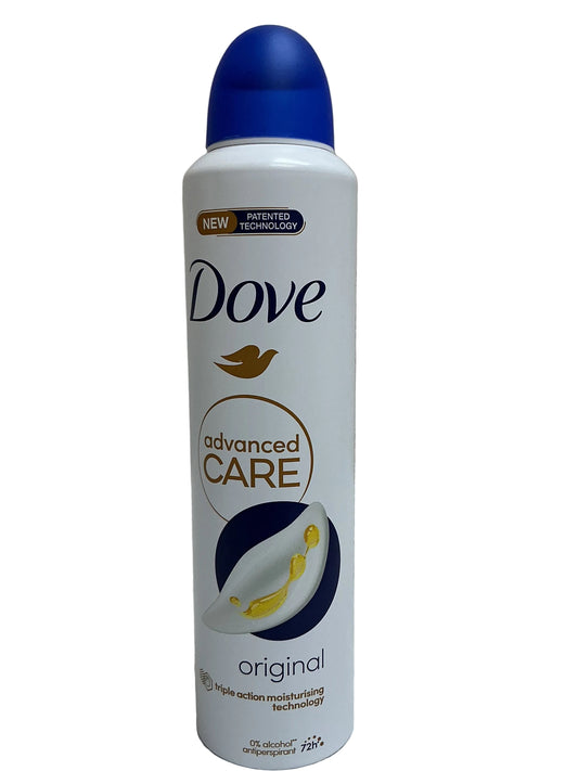 A can of Dove Advanced Care Original deodorant spray resting on a white textured surface against a light gray background.
